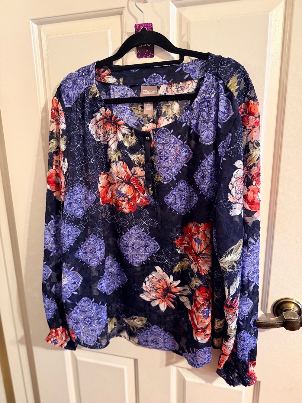 Chico's Navy Floral Button-Front Long-Sleeve Blouse